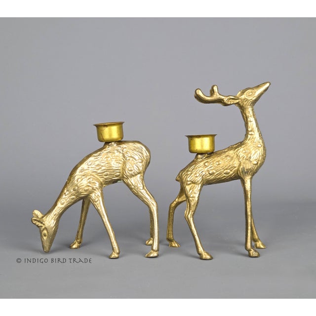 Pair of Vintage Solid Brass Deer Figurines Candlestick Holders For Sale - Image 4 of 6