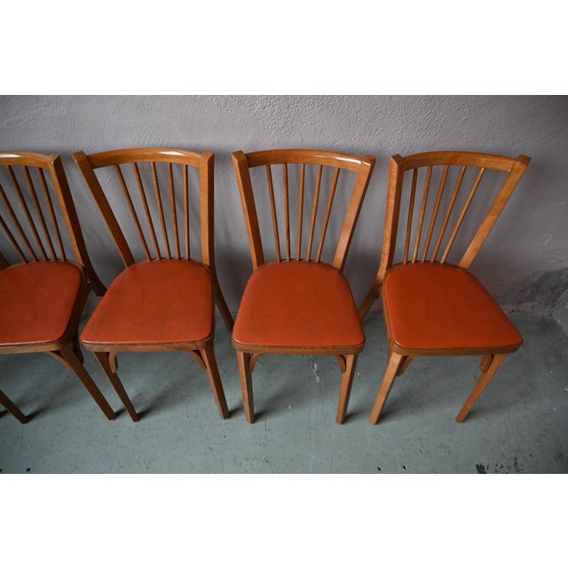 Bohemian Bistro Chairs with Spindles and Havana Orange Imitation Leather from Baumann, 1960s, Set of 5 For Sale - Image 10 of 15