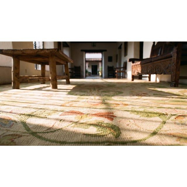1930s Beige Foliate Antique Portuguese Arraiolos Needlepoint Rug 14'2" X 23' Handmade Wool Carpet For Sale - Image 9 of 9