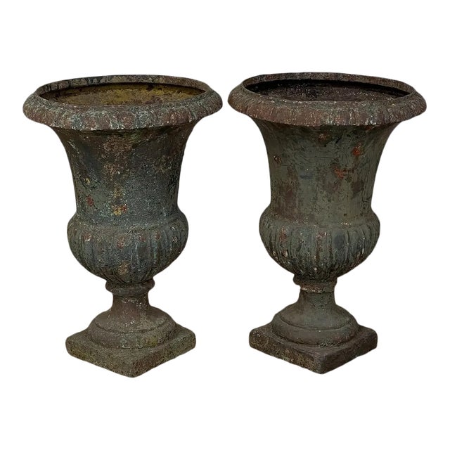 Pair 19th Century French Neoclassical Cast Iron Garden Vases ~ Jardinieres For Sale