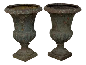 Pair 19th Century French Neoclassical Cast Iron Garden Vases ~ Jardinieres