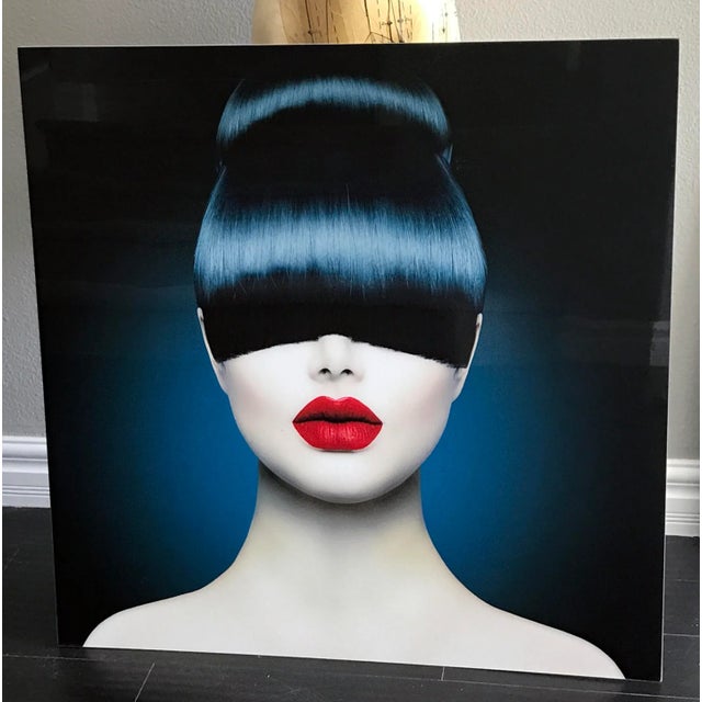 A stunning large format photography mounted on acrylic featuring a woman with jet back hair and porcelain skin-- very...