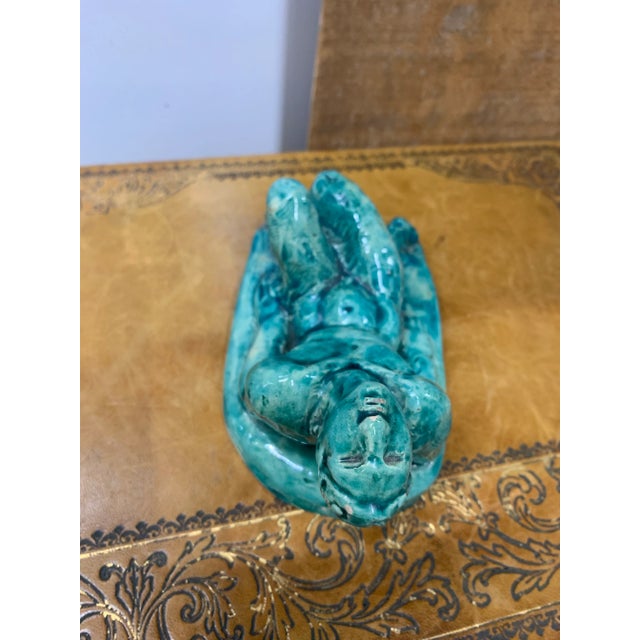 Pair of Signed 1932 Ceramic Glazed Faun Sculptures For Sale - Image 9 of 12