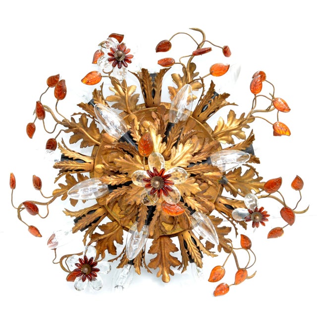 Art Deco Maison Baguès 15 Lights Flush Mount Glass & Gilt Iron Ceiling Light For Sale - Image 9 of 13