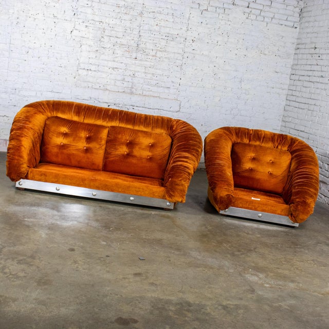 Fabulous vintage Modern to Postmodern very low slung sofa or loveseat & chair fully upholstered in a burnt orange velvet...