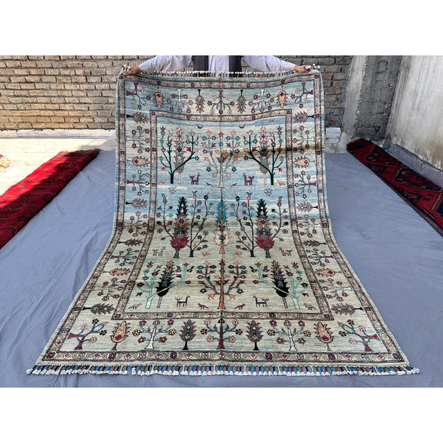 Gray Afghan Pictorial Tree of Life Hand-Knotted Wool Rug - 7'11" X 5'6" For Sale - Image 8 of 14