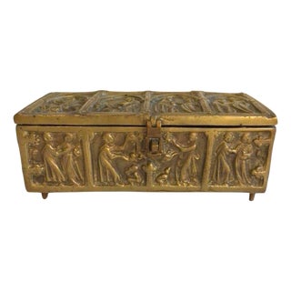 1930s Ornate Bronze Box With Feet and Hinged Lid For Sale