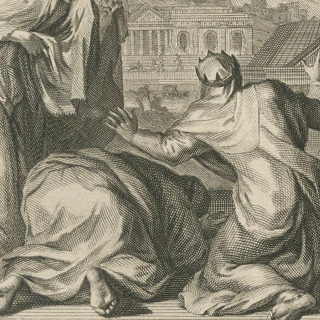 Pieter Mortier, Sons of Saul Hanged and the Plague After David's Census, 1700, Engraving For Sale - Image 6 of 12