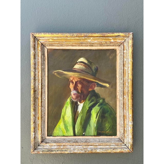 Vintage Framed Oil Painting of Man in Hat For Sale - Image 9 of 12