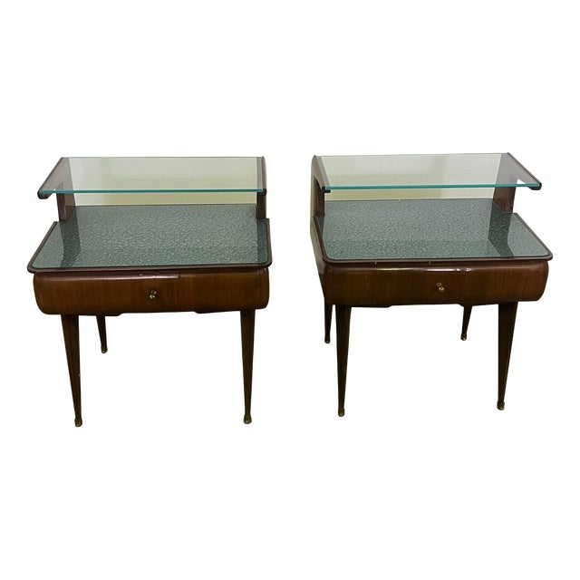 Wooden and Glass Bedside Tables, 1960s, Set of 2 For Sale
