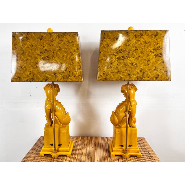 Vintage Yellow Ceramic Foo Dog Lamps - A Pair For Sale - Image 12 of 12