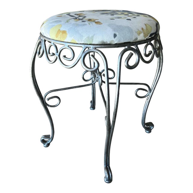 Late 20th-Century Wrought Steel Vanity Stool With Newly Upholstered Seat Cushion For Sale