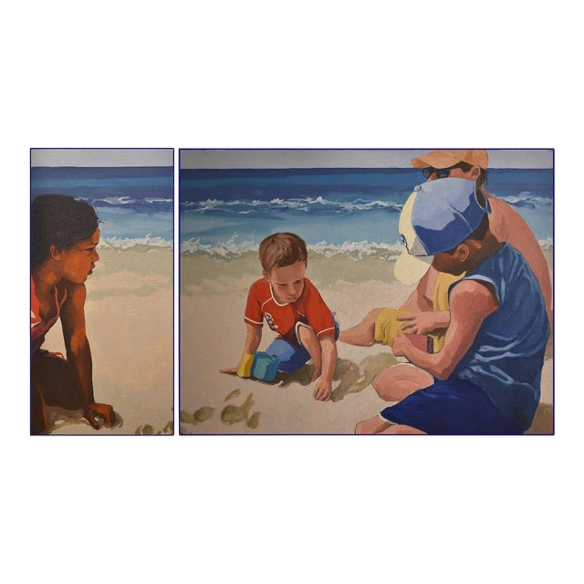 "Morning on Makena Beach, Maui" Contemporary Figurative Beach Scene Diptych Oil Painting by George Brinner - Set of 2 For Sale