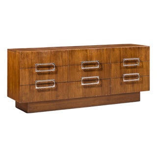 Craft Associates Mid Century Walnut and Chrome 9 Drawer Lowboy Dresser For Sale