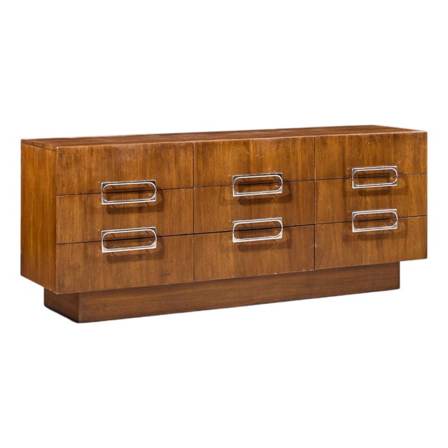 Craft Associates Mid Century Walnut and Chrome 9 Drawer Lowboy Dresser For Sale
