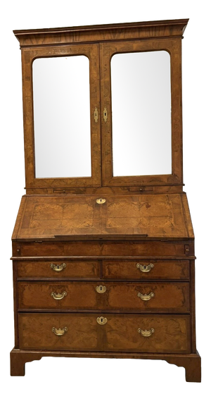 Antique George I Figured Walnut Bureau Bookcase with Secretaire, 1720