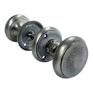 Early 1900s American Art Deco Nickel Plated Door Knobs W/ Rosettes. A Pair. For Sale