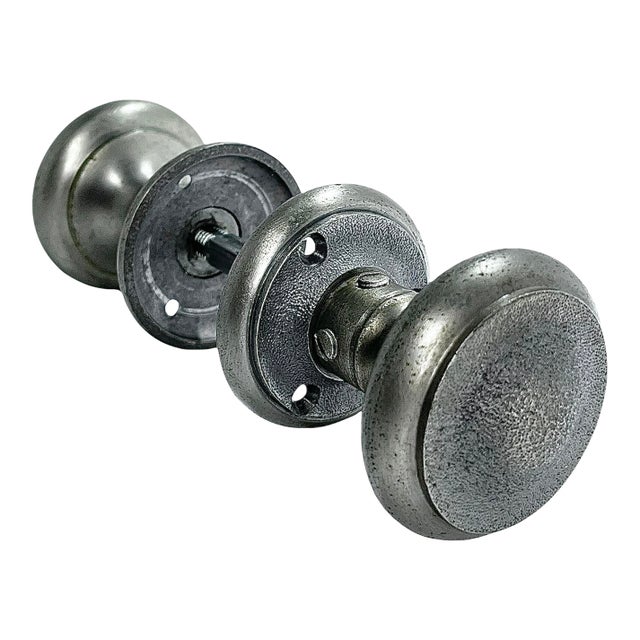 Early 1900s American Art Deco Nickel Plated Door Knobs W/ Rosettes. A Pair. For Sale