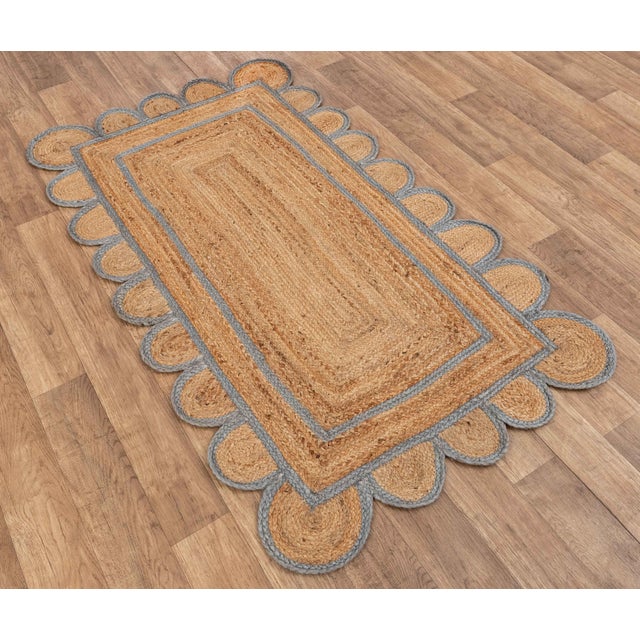 Grey Trim Jute Scallop Braided Handmade Rug - 9'x12' For Sale - Image 4 of 11