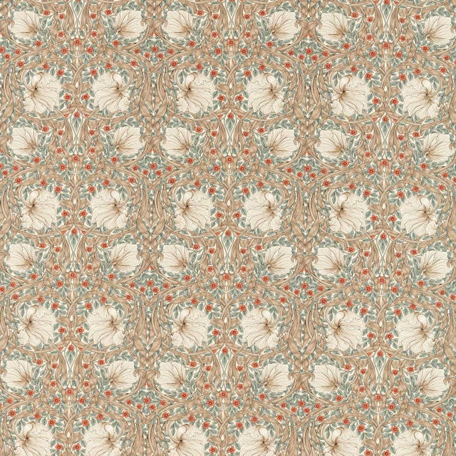 Morris & Co Pimpernel Fabric in Linen/Coral For Sale