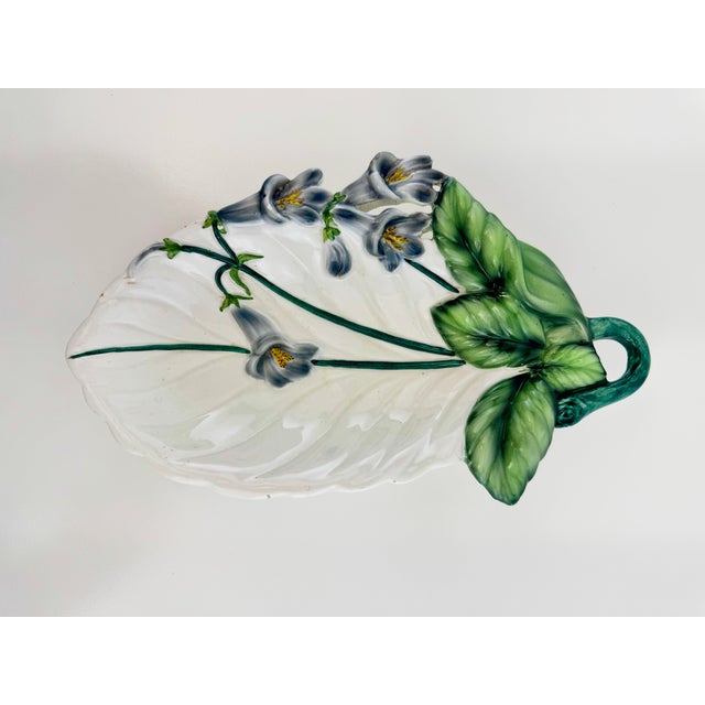 1960s Vintage Italian Majolica Style Ceramic Violet Flower and Leaf Dish For Sale - Image 5 of 11