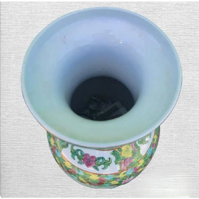 Vintage Large Chinoiserie Ceramic Famille Rose Greek Key Asian Garden Scene Decorative Floor Vase For Sale In West Palm - Image 6 of 7