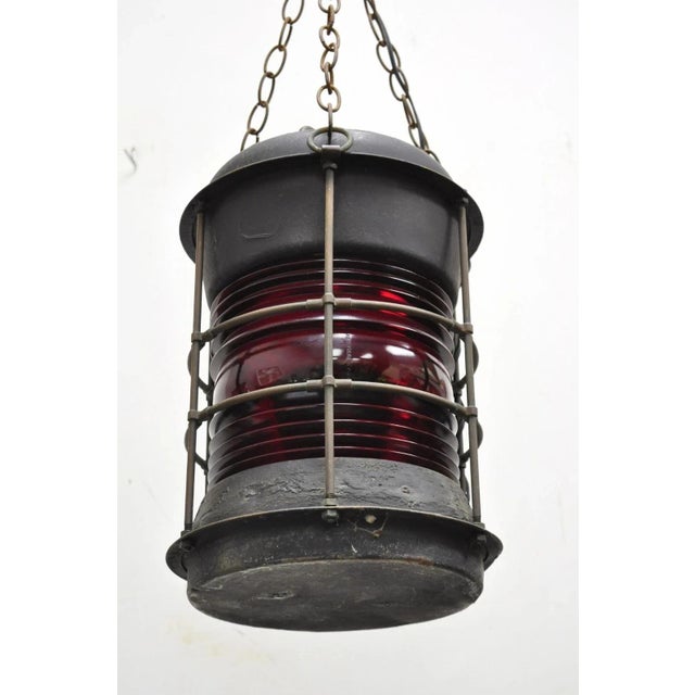 Antique Durkee Marine Ship Lantern Fixture Red Fresnel Pendant Chandelier (B) For Sale - Image 10 of 11