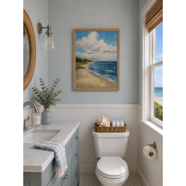 Nautical Original Coastal Seascape by Eric Son | Beach Shore Oil Painting 12x16 For Sale - Image 3 of 3