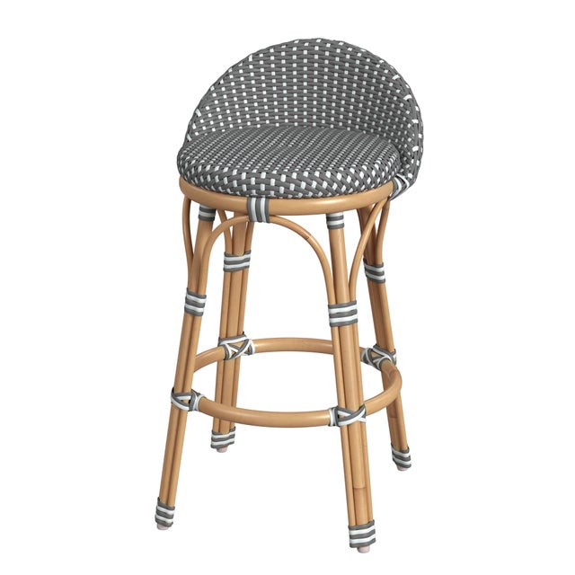 Gray Tobias 24.5 in. Seat Height Outdoor Rattan and Metal Low Back Counter Stool, Gray/White Dot / Natural Rattan Frame For Sale - Image 8 of 8