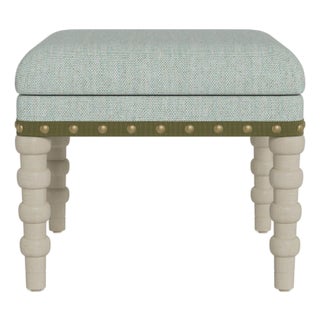 Bunny Williams Home Olive Tape Stool in Sea Foam Performance Woven Fabric with Antique Brass Nailheads and Alpine Legs For Sale