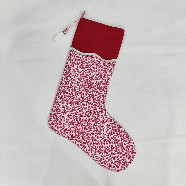 Indian Handmade Holiday Foliage Block Print Christmas Stocking with Red Piping For Sale - Image 3 of 3