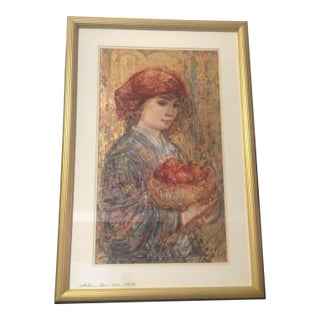 Vintage 1980s Framed Edna Hibel "Angelina" Signed Limited Edition Lithograph Art Print For Sale