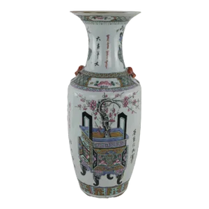 Chinese Mid-Qing Dynasty Famille Rose Vase With Animal Ears, Decorated With Bonsai and Flowers.