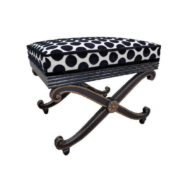 Late 20th Century Vintage French Regency Style Ottomans With Ebonized Scrolled Bases, Newly Reupholstered – Pair For Sale - Image 5 of 7