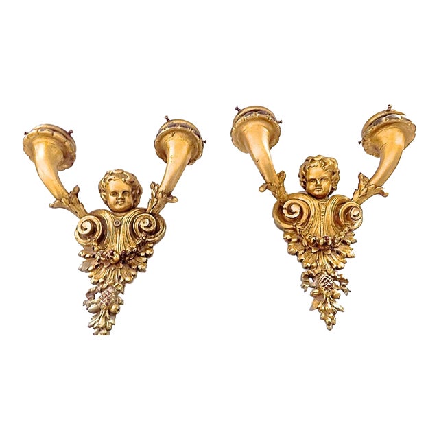 19thc French Louis XV Carved & Gilt Wood Putto/ Cherub Double Wall Sconces Electrified a - Pair For Sale