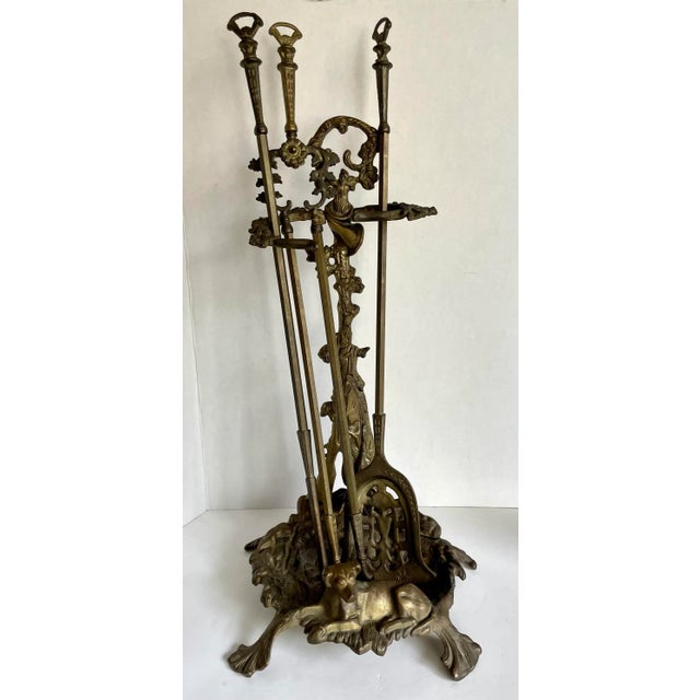 Antique French Brass Hunting Dog Fireplace Tool Set For Sale - Image 13 of 13