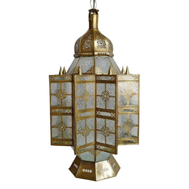 Moroccan Vintage Brass & Etched Glass Pendant Light For Sale - Image 4 of 12