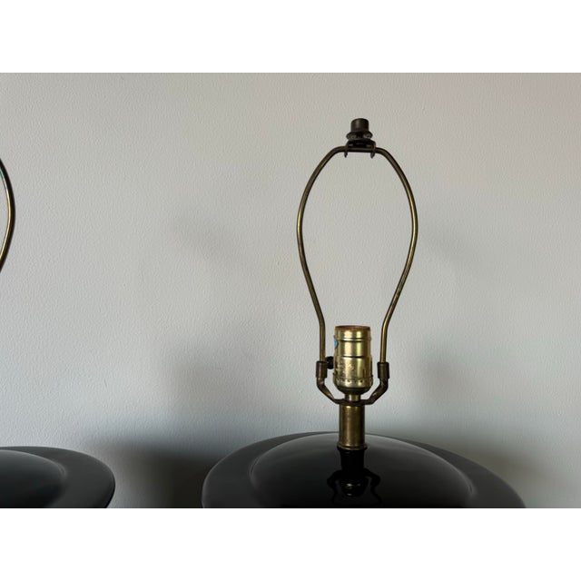 1980's Vintage Art Deco - Asian Style Black Glaze Ceramic Table Lamps - A PairLD For Sale - Image 9 of 12