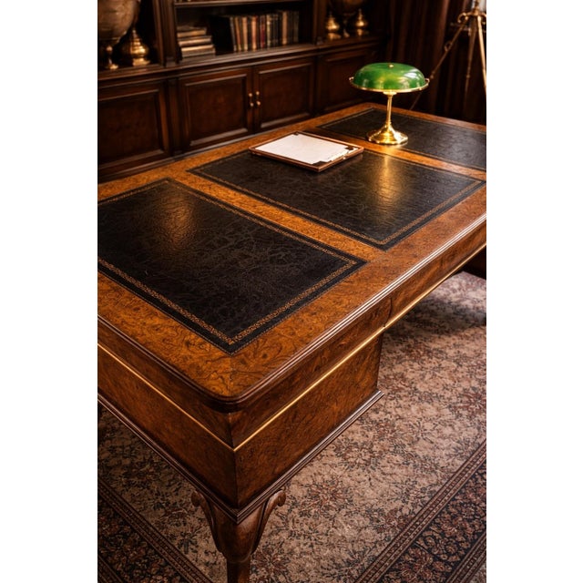 Chestnut Late 20th Century Queen Anne Style Burl Wood Executive Desk With Tooled Leather Writing Surface For Sale - Image 8 of 9