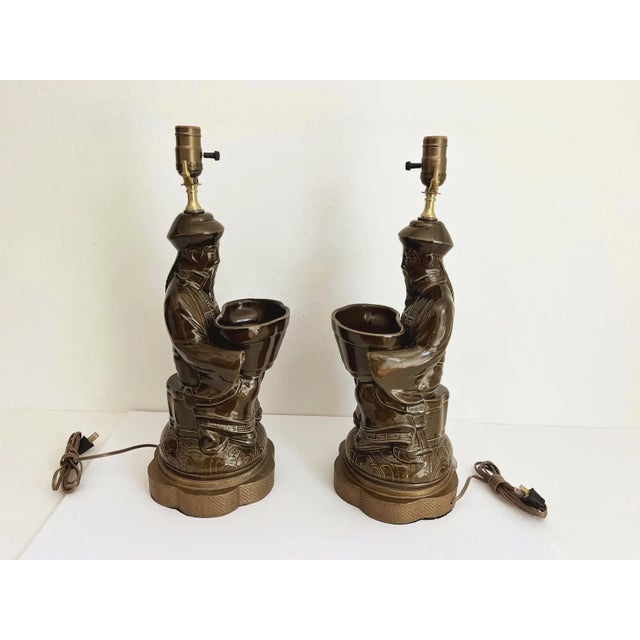 1960s Figurative Asian Planter Lamps & Shell Shades, Pair For Sale - Image 11 of 17