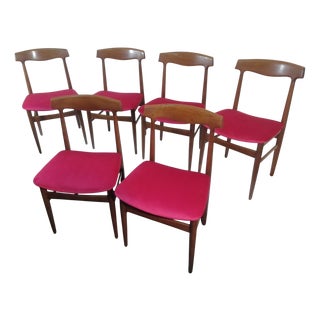 Italian Wood and Velvet Chairs, 1950s, Set of 6 For Sale