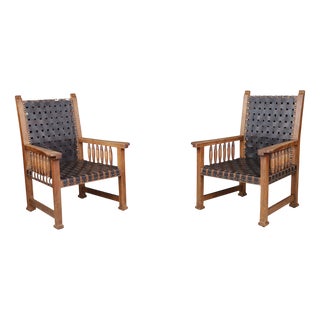 Set of Leather and Oak Armchairs from France, 1950s For Sale