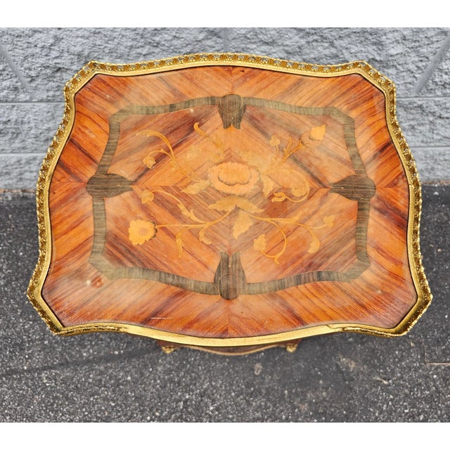 Mid 20th Century Louis XV Brass Mounted Parquetry and Satinwood Inlaid Galleried Top Side Table For Sale - Image 5 of 10