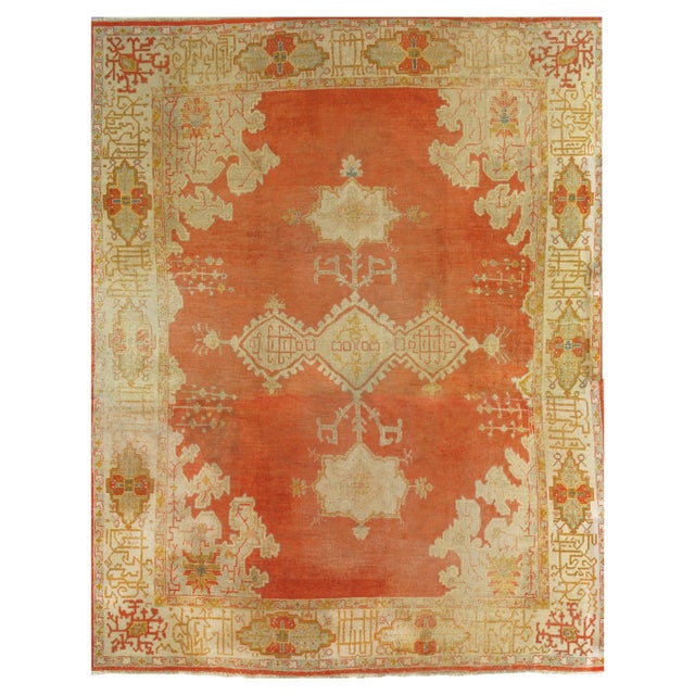 Antique Oushak Carpet, Oriental Rug, Handmade Rug Saffron, Light Blue and Coral For Sale - Image 12 of 18