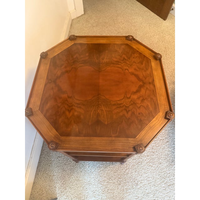 1950s Baker Walnut/ Cane Octagonal Side Table. Top Has Bookmatched Finish. Original Finishes in Pristine Condition. For Sale In Sacramento - Image 6 of 6