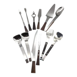 Mid 20th Century Mismatched Rosewood and Stainless Steel Serving and Bar Utensils, a Set of 12
