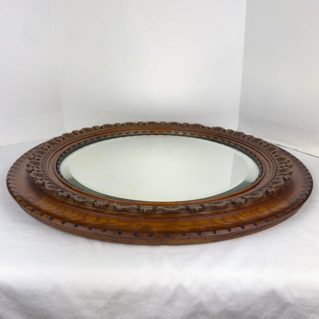 Brown Victorian Hand Carved Round Oak Mirror For Sale - Image 8 of 13