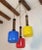 Glass and brass pendant chandelier, by Stilnovo, Italy 1960s. Three primary colors glass shades for this original Italian...