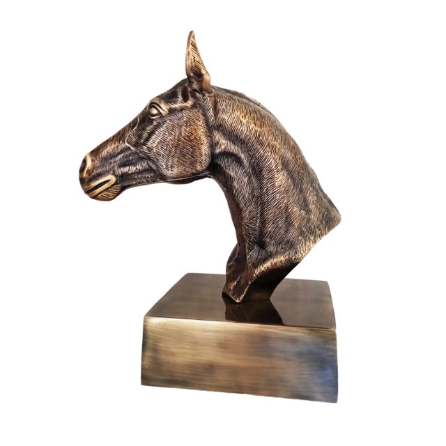 Metal 1970s Antique Brass Finish Metal Hand Carved Horse Head Bust Sculpture For Sale - Image 7 of 10