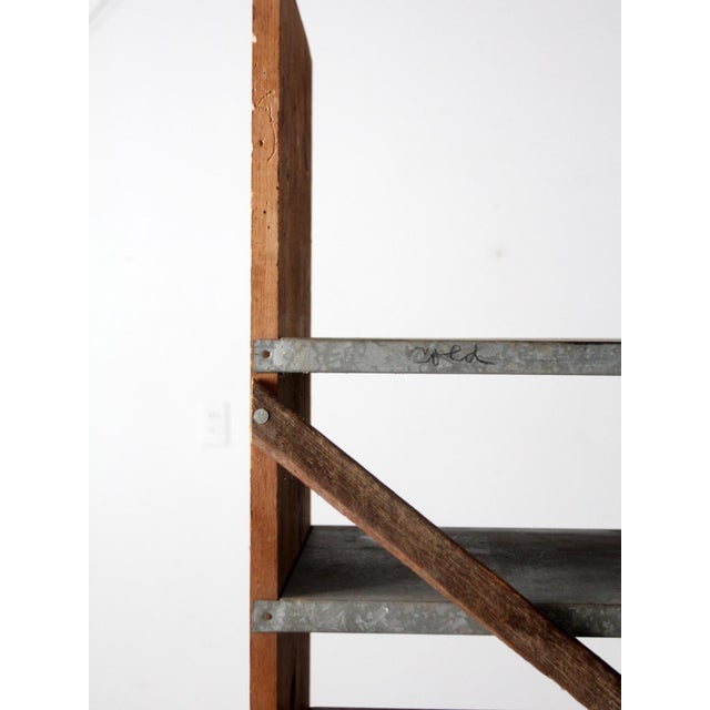 French Country Vintage Wood & Galvanized Metal Shelf Rack For Sale - Image 3 of 12